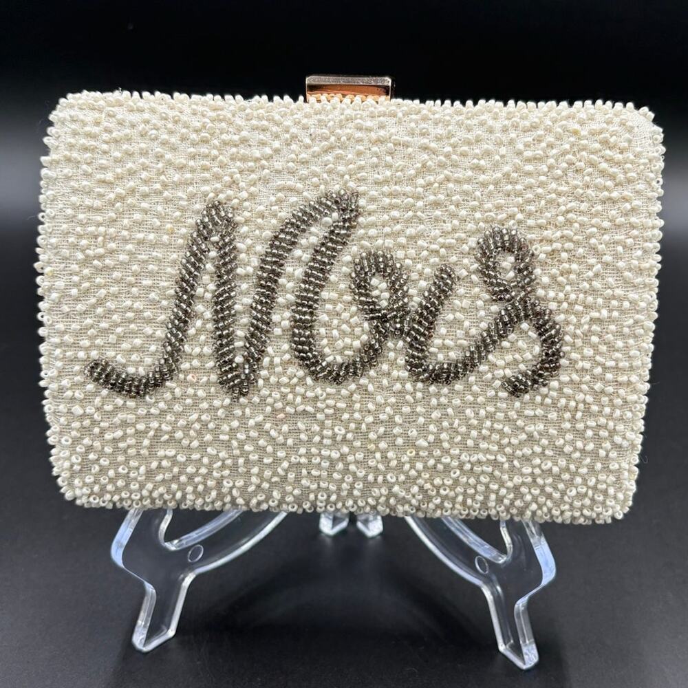 Beaded 'Mrs' Clutch in Ivory with Silver Script